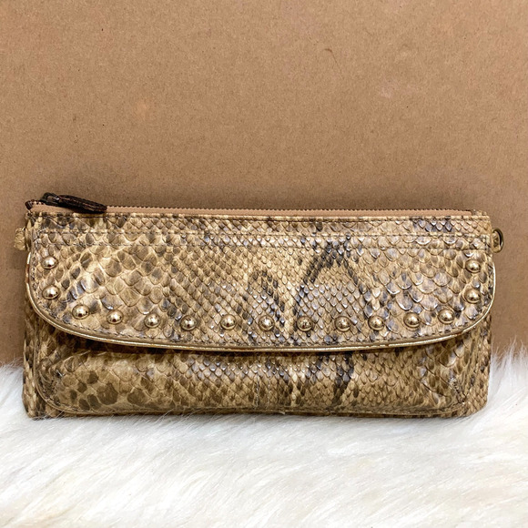 KATHY VAN ZEELAND Olive & Gold Snakeskin Embossed Studded Vintage Flap Clutch/XB - Picture 13 of 13